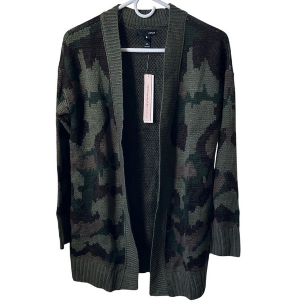 AQUA BloomingdalesWomen's Camouflage Open Cardigan‎ Sweater Green Camo XS NWT